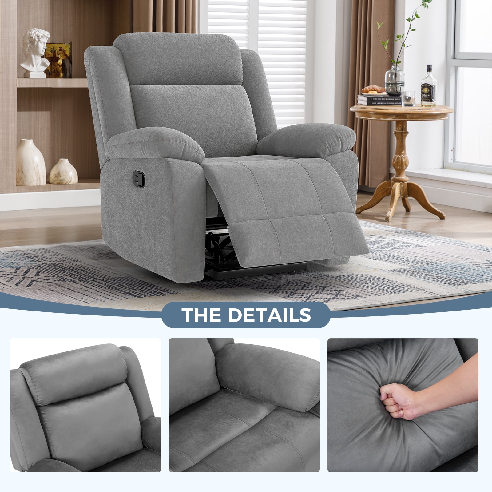 Bonzy Home Extra Wide Manual Recliner Chair in Soft Gray Fabric,Overstuffed Recliner，Gray