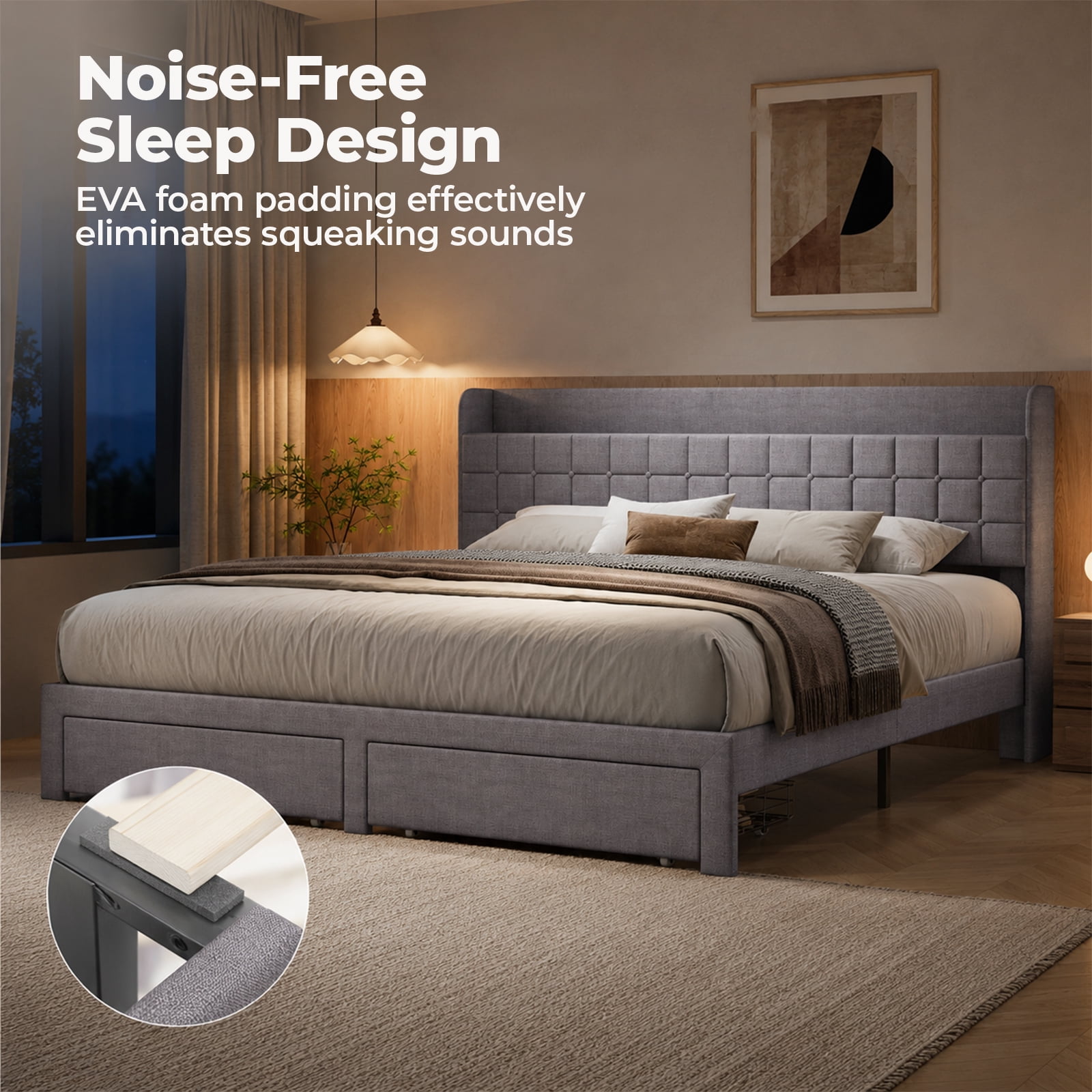 Alvantor Upholstered Bed Frame with 2 Storage Drawers and Fabric Headboard, Full Size, Heavy Duty Metal Platform, Easy Assembly