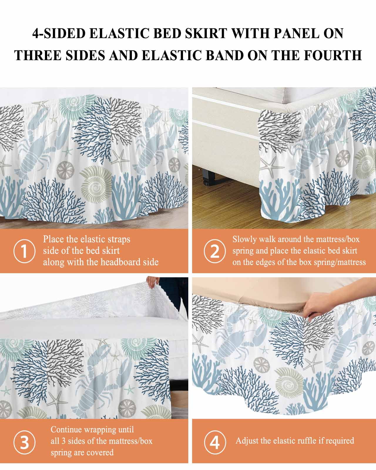 Blue Beige Coastal Wrap Around Bed Skirts for King Bed 18" Drop, Bed Skirt with Adjustable Elastic Belt Dust Ruffle Bed Valance for Bedroom Hotel Luxury Summer Lobster Coral Nautical Bed Frame Cover