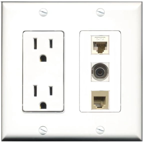 RiteAV - 15 Amp Power Outlet 1 Port Phone Beige 1 Port 3.5mm 1 Port Cat6 Ethernet Ethernet White Decorative Wall Plate