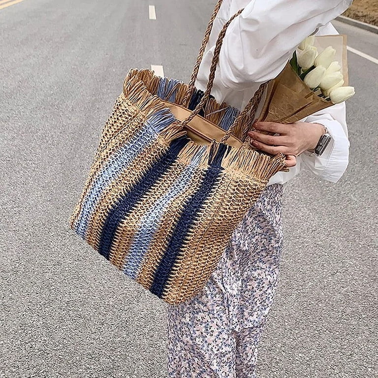 JUYGO Striped Beach Straw Bag Large Capacity Shoulder Bag  display picture 2