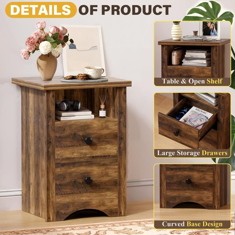 Lacoo End Table Set of 2 with 2 Drawers & Open Shelf, Nightstand for Bedroom Wood Side Table for Living Room, Warm Amber