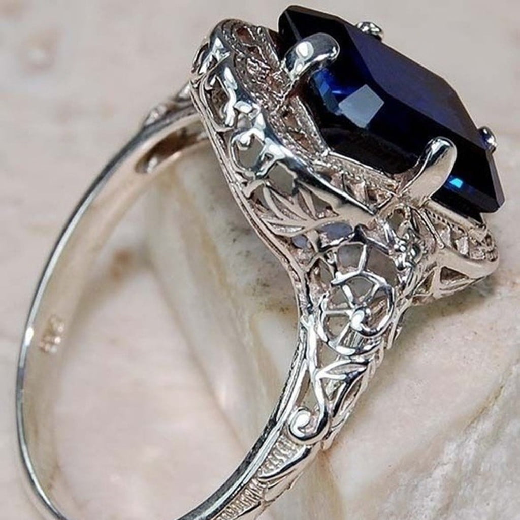 Aunimeifly Natural Silver Gemstone Luxury Court Blue Birthstone Engagement Wedding Ring 