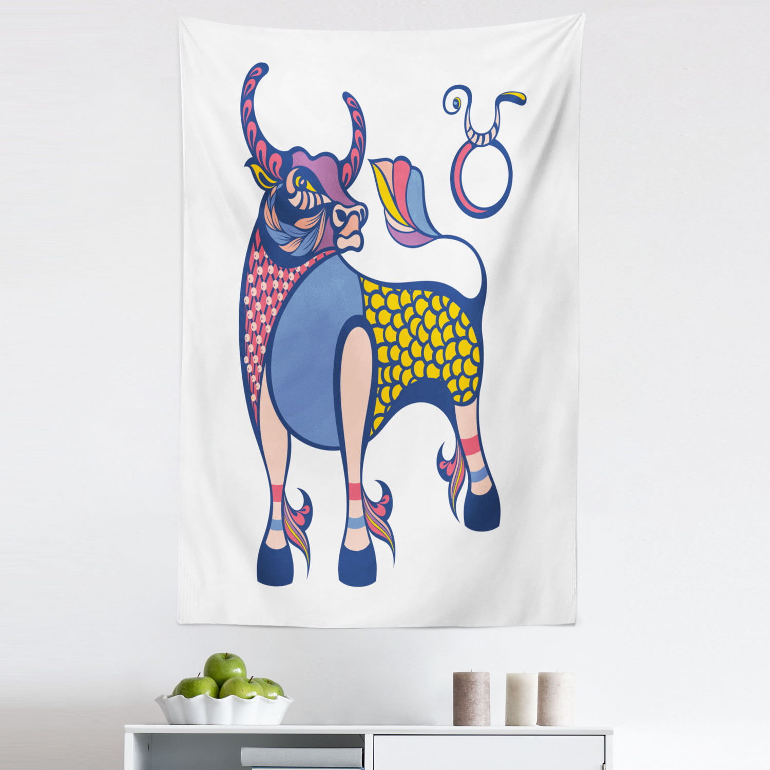 Zodiac Signs Tapestry, Horoscope Themed Illustration of Taurus Animal Symbol  Colorful Detailed, Fabric Wall Hanging Decor for Bedroom Living Room Dorm,  5 Sizes, White Multicolor, by Ambesonne 