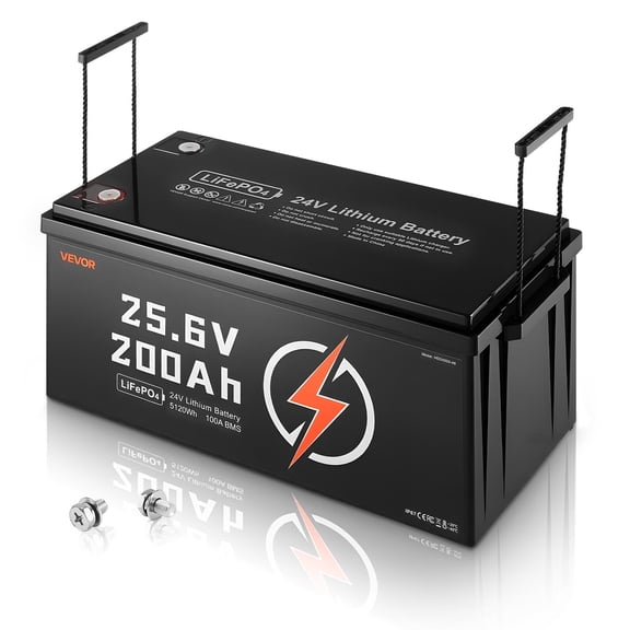 VEVOR 24V 200Ah LiFePO4 Lithium Battery, Built-in 100A BMS, Deep Cycle Lithium Rechargeable Battery with Low Temperature Protection, 4000  Cycles, Max. 5120Wh, for RV, Camper, Trolling Motors, Marine