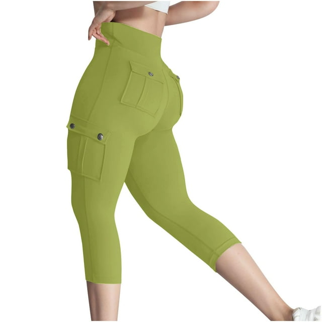 AherBiu Cargo Capri Leggings Butt Lifting High Waisted Stretchy Solid Color Running Workout Yoga Pants with Multi Pockets