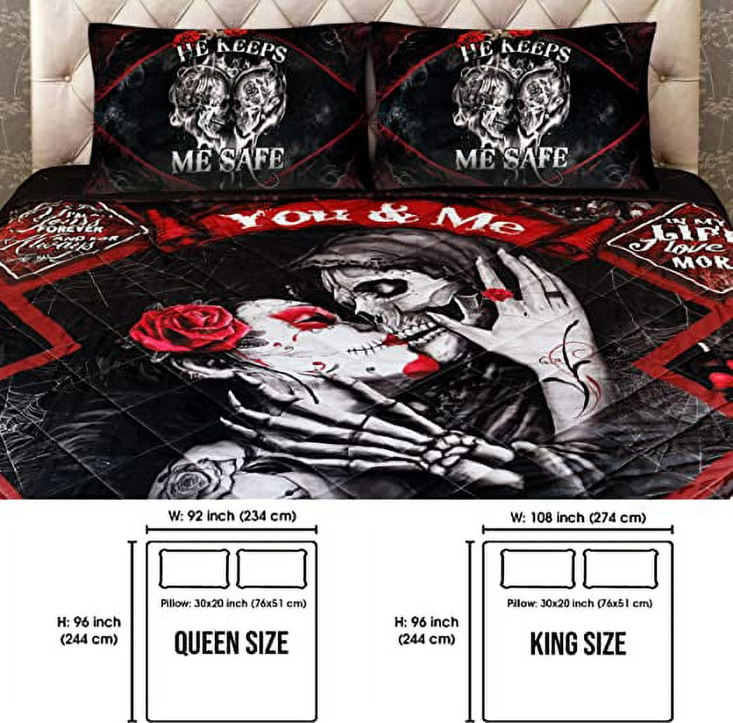 Skull Couple Quilt Bed Set Bedding, Christmas Gifts for Newlywed