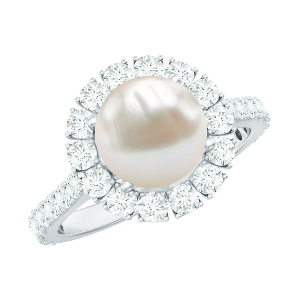 Rosec Jewels Freshwater Pearl Ring with Moissanite Halo for Women - 8 MM - AAA Quality, 925 Sterling Silver, US 4.00