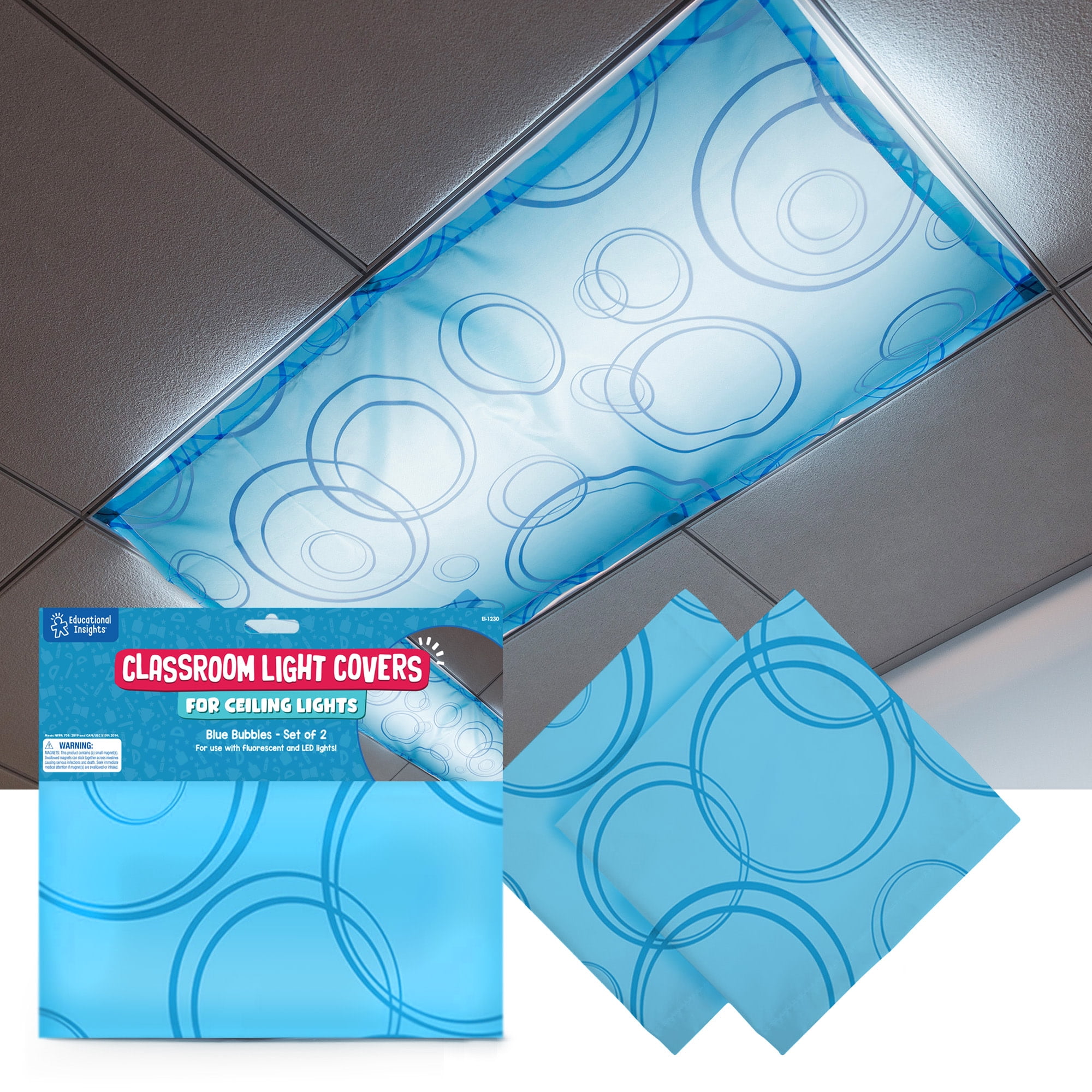Educational Insights Fluorescent Light Covers 2-Pack Blue Bubbles, Light Filters for Classroom, Lighting Accessories