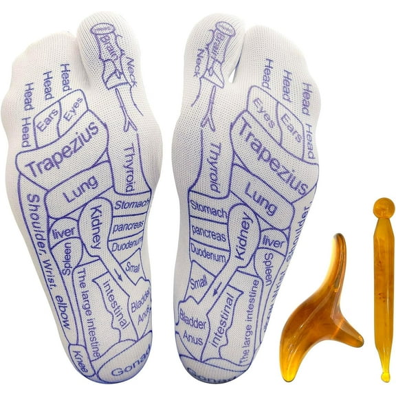Foot reflexology socks (with massage tool included) relieve stress and pain with acupressure reflexology socks, a foot massage pen, and health and wellness massage socks.