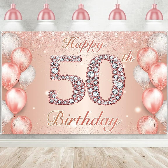 Happy 50th Birthday Rose Gold Banner Cheers to 50 Years Old Backdrop Confetti Balloons Theme Decor for Women 50 Years Old Pink Birthday Party Decorations