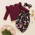 thumbnail image 2 of Toddler Girl Outfits 5T Solid Color Ruffle Long Sleeve Tops Floral Pants with Headband Fall Winter Cute Girl Outfits 3-4 Years, 2 of 5