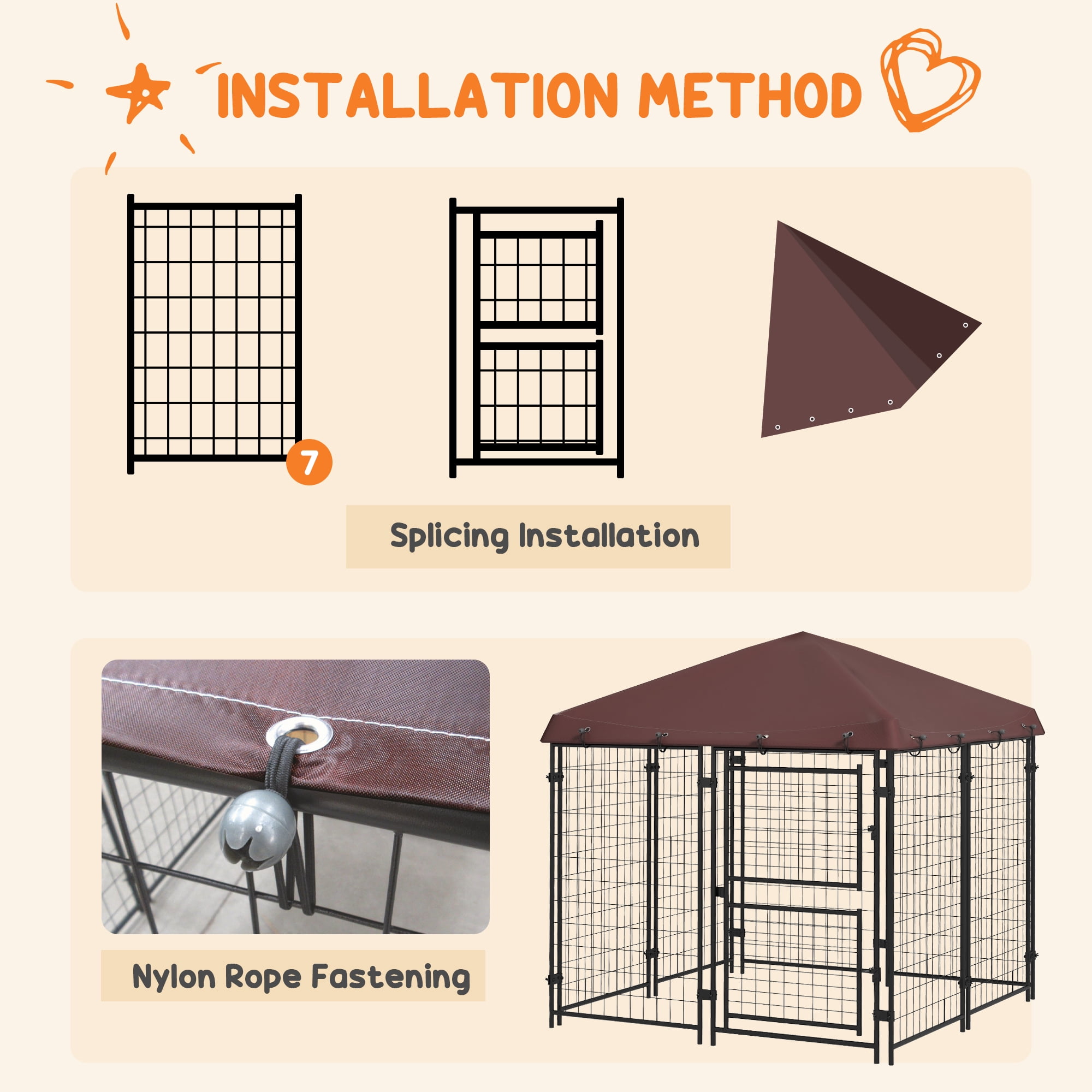PawHut 4.6' x 4.6' x 5' Outdoor Dog Kennel with Waterproof Canopy, Dog Playpen for Small and Medium-Sized Dogs with Two Part Door Design, Brown
