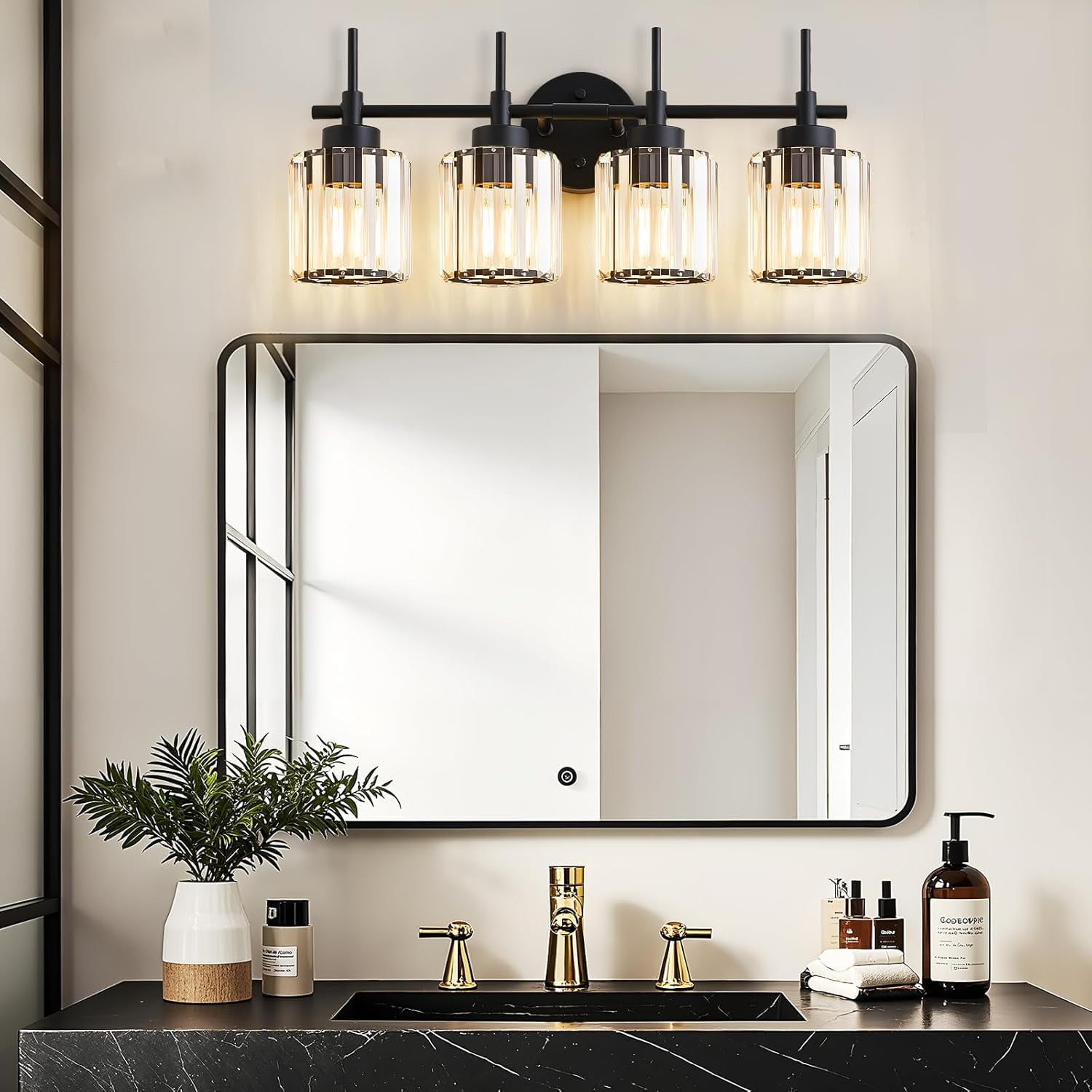 NATYSWAN 4 Light Round Crystal Vanity Lights, Modern Black Crystal Wall Light Bath Mirror Light Fixture Over Mirror Bathroom Wall Sconces for Bathroom Living Room