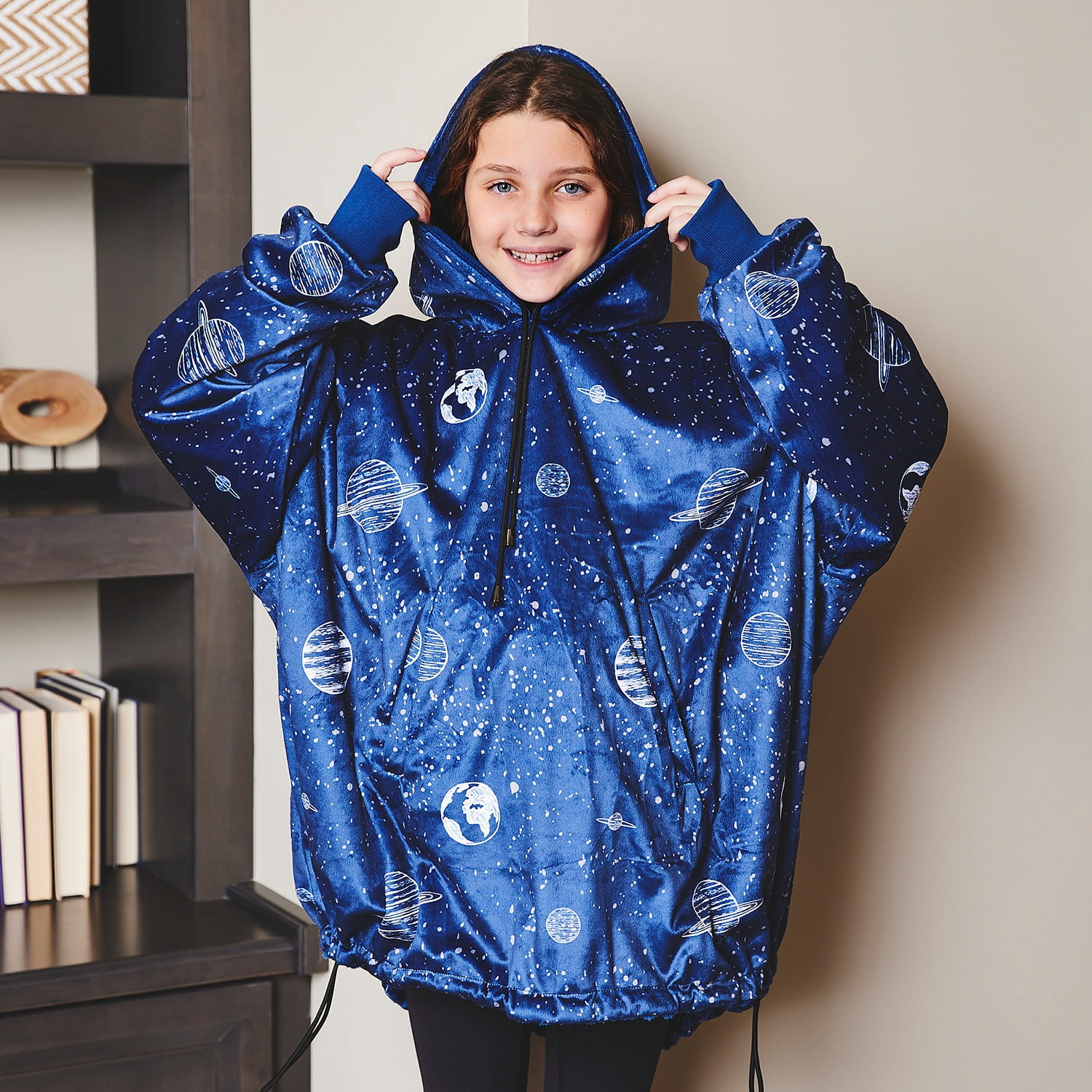 Nestl Wearable Blanket Hoodie Reversible for Kids and Teens, Warm and Cozy Oversized Fleece & Cut Plush Blanket Sweatshirt, Navy/Planet