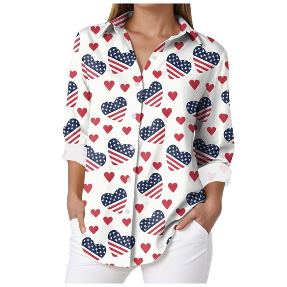 vigerkar Womens Long Sleeve Button Down Shirts Collared Tops Dressy Casual Patriotic Printed Blouses Shirt (White, XL)