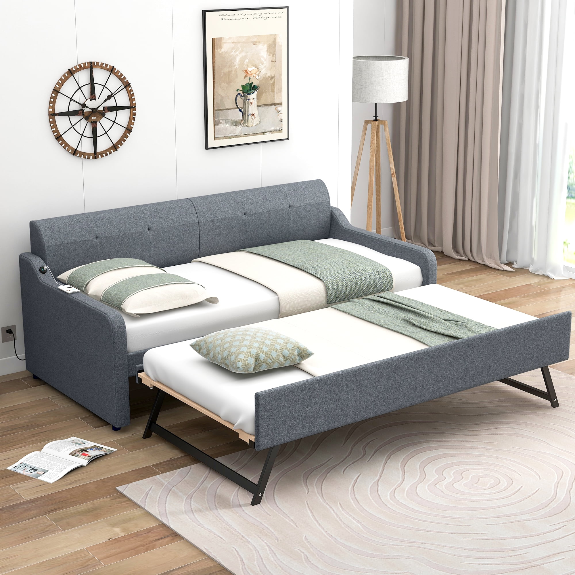 EUROCO Twin Size Upholstery DayBed with Convertible Trundle and USB