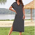 thumbnail image 1 of Qiopertar Robe Longue à Col en V Rayée avec Fente Basse pour Femmes en Solde à Moins de 5$ en Solde, 1 of 6