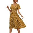 thumbnail image 6 of Women Summer Floral Print V-Neck Dress Short Sleeve High Waist Midi Slim-Fit A-Line Dresses Beach Streetwear, 6 of 8