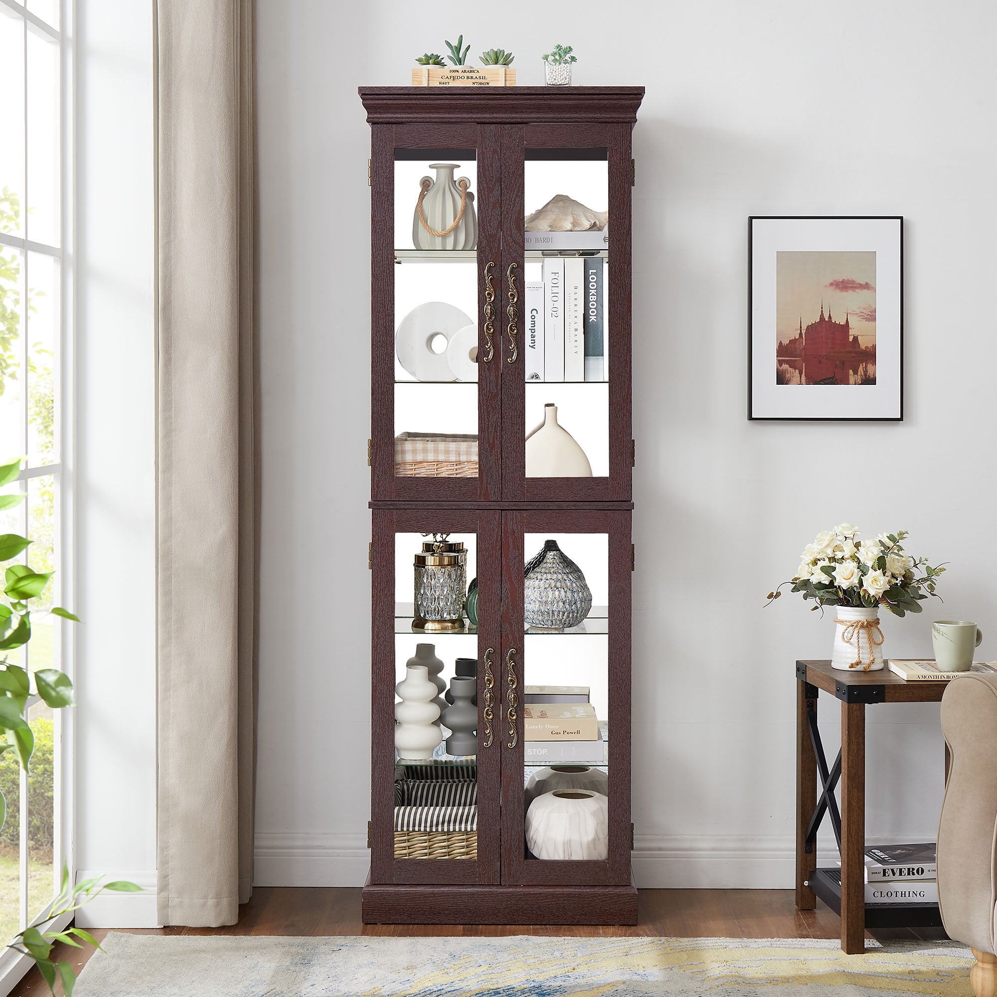 S-Home Curio Storage Glass Display Cabinet with Adjustable Shelves, Wooden, 12" x 72" x 24"