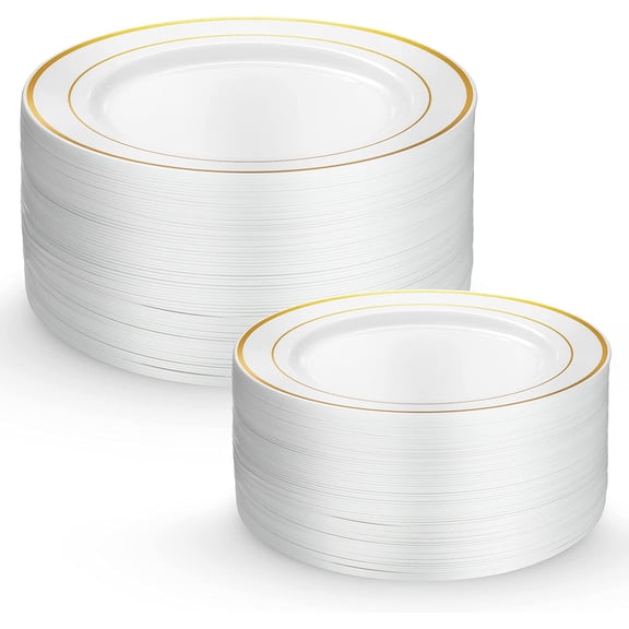 60 Gold Plastic Plates Set, 30 Pcs 10.25 Inch Dinner and 30 Pcs 7.5 Inch Dessert Plates, Elegant Fancy Heavy Duty Disposable Plates for Party, Wedding, White with Gold Rim