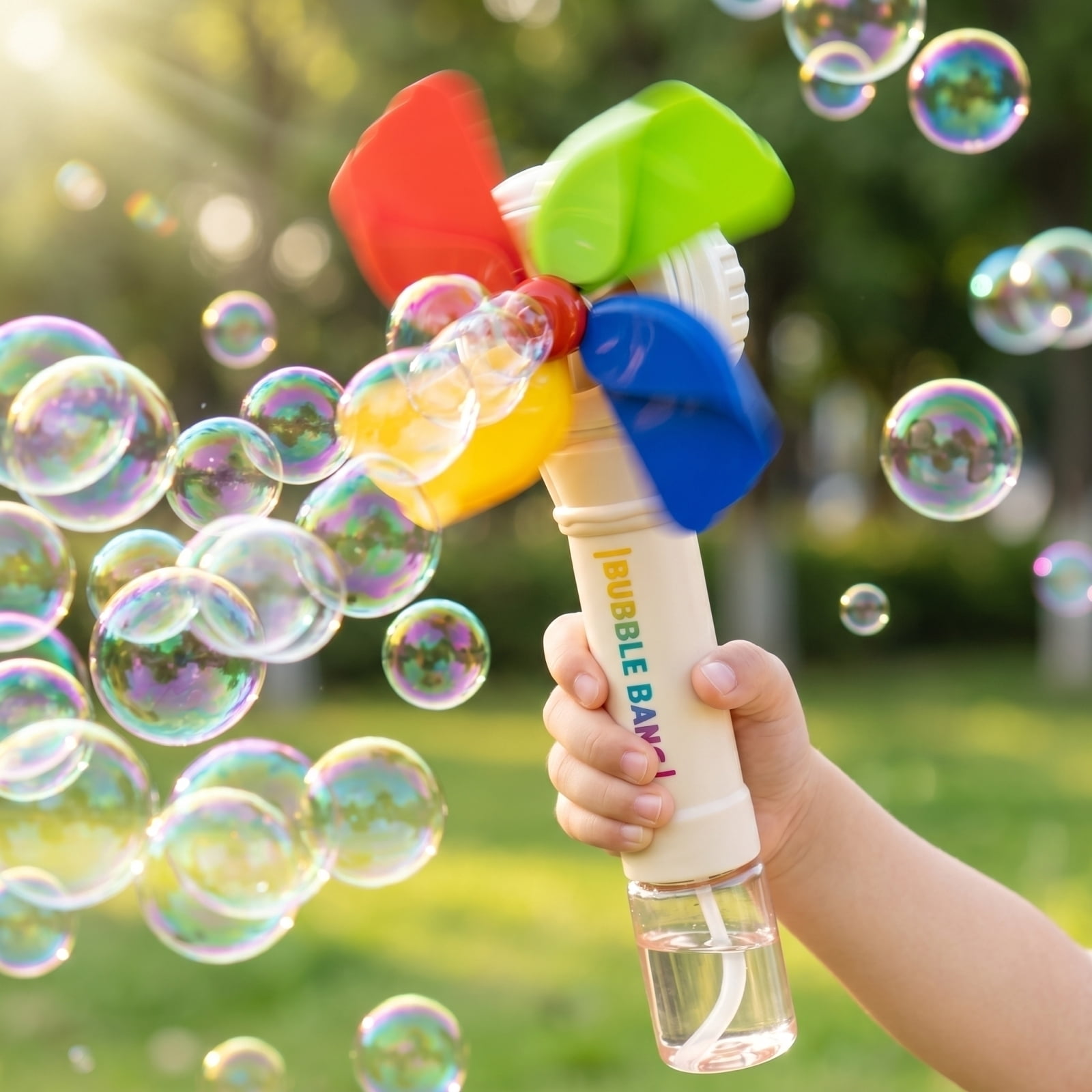 Colorful Windmill Bubble Wand, Handheld Bubble Blower Toy for Kids, Non-Toxic Bubble Maker Stick with 4-Leaf Windmill Design for Outdoor Summer Party