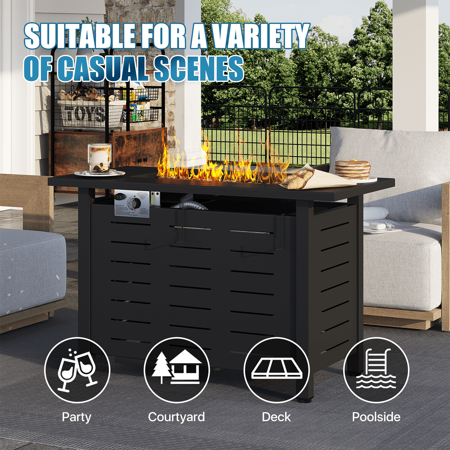 LazySunsets 42" Outdoor Propane Fire Pit Table, 50000 BTU Auto Start Steel Fire Table, 2-in-1 with Removable Tabletop & All-Weather Waterproof Cover for Garden Backyard Patio, Black