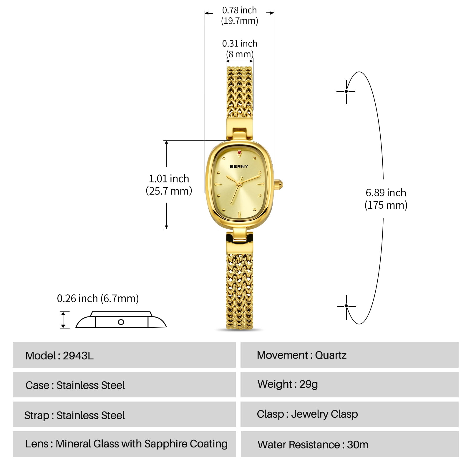 BERNY Small Gold Watches for Women, Dainty Oval Analog Quartz Bracelet Watch, Stainless Steel, Waterproof, Minimalist Luxury Ladies Watches Gifts (Gold)