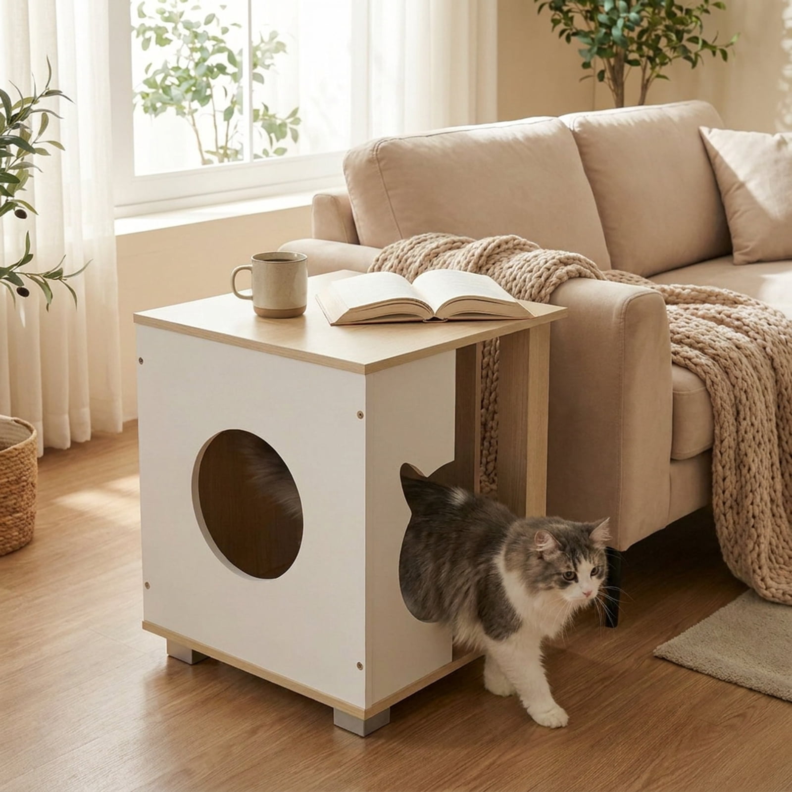 SUGIFT Wooden Cat Condo Side Table, Semi Enclosed Modern Pet House End Table Nightstand with Kitty Head Shaped Entry, Thick Metal Legs and Ventilated Hideaway for Living Room Bedroom, Natural