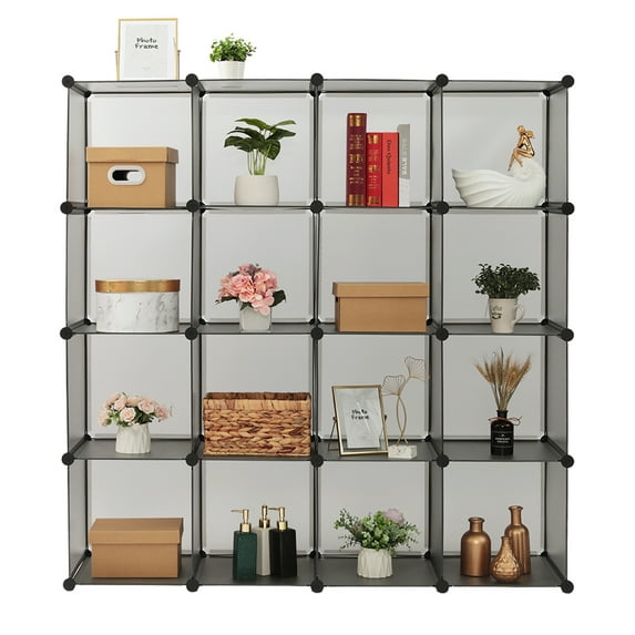 16-Cube Storage Shelves with Doors, Modular Book Shelf Organizer Units, Plastic Clothing Storage Containers, Closet Cube Storage&Organizatier Containers, for Bedroom/Living Room/Office, A1753