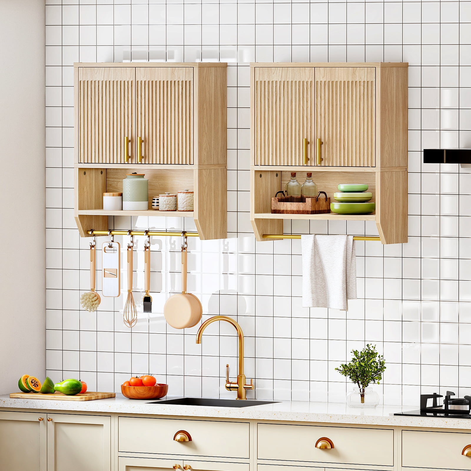 Fluted Medicine Cabinet, Farmhouse Bathroom Wall Cabinet with Towel Rack and Adjustable Shelf, Fluted Wall-Mounted Storage Organizer, for Bathroom, Kitchen, Natural,NL235CW01