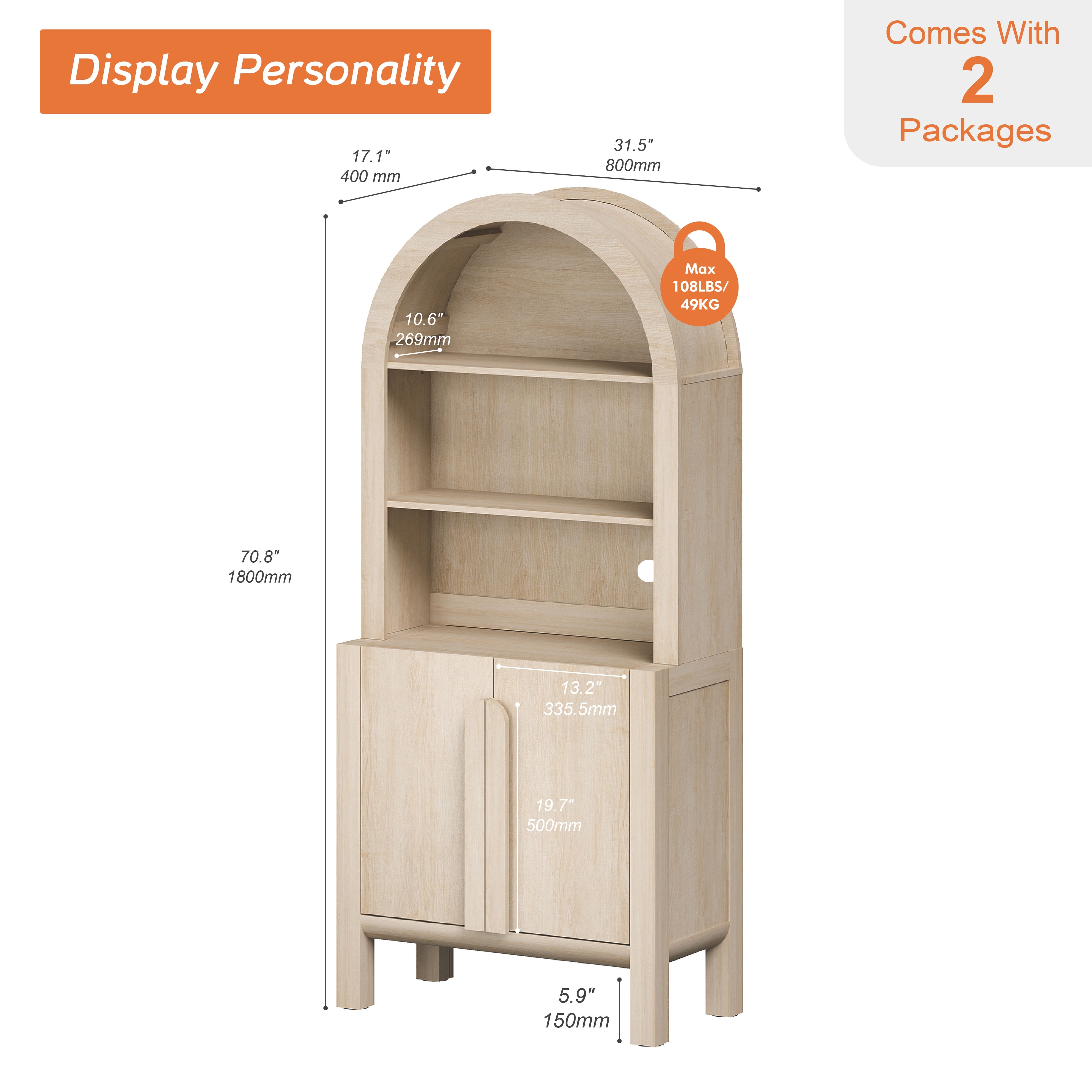 31.5"W Arched Kitchen Hutch Sideboard, Mid-Century Modern Buffet Hutch Cabinet with 2 Wooden Doors And 3 Tier Shelves