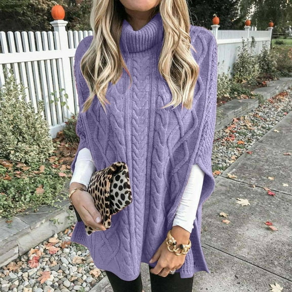 jtjvou Women's Turtleneck Sweaters Chunky Cable Knit Pullover 2024 Fall Fashion Side Slit Poncho Sweater Shawl Top,Purple,M