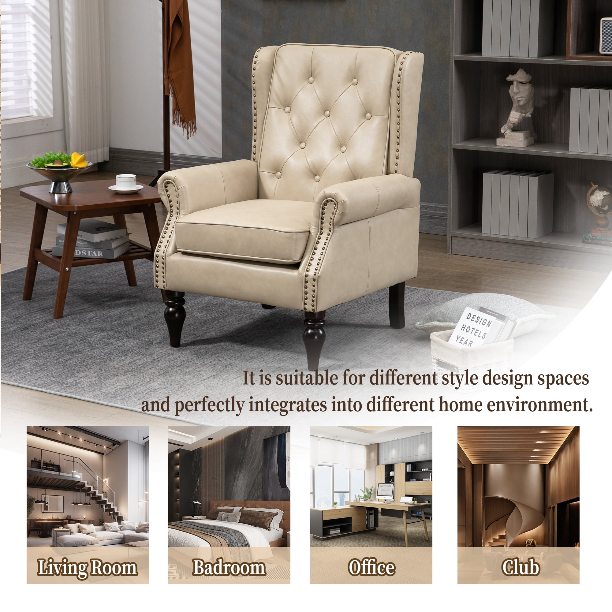 MOONMISS Mid-Century Leather Upholstered Tufted Nailhead Wood Frame Armchair for Living Room-Camel