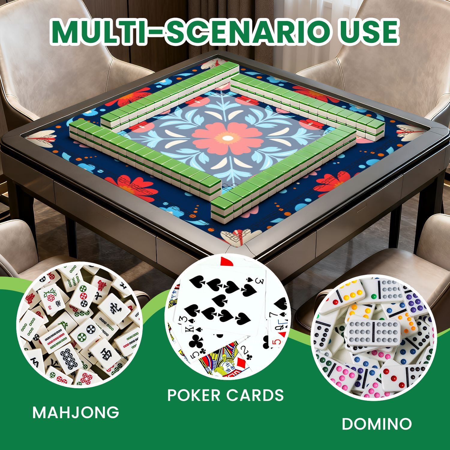 Mahjong Mat 31.5" x 31.5" Symmetrical Floral Folk Red Pink Flowers Dark Blue Non-Slip Noise Reduction American Mahjong Tiles Table Cover for Dominoes Poker Card Board Games Gift