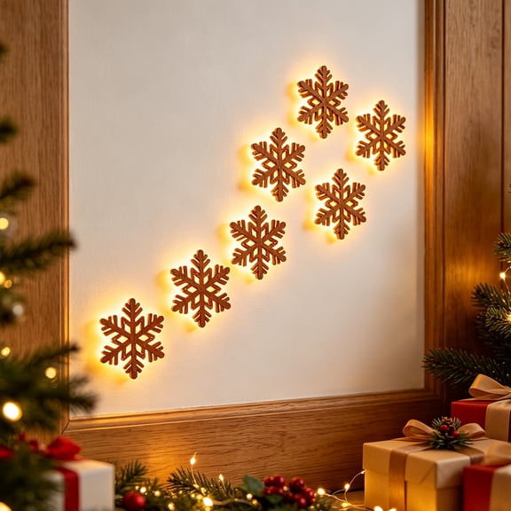 Lighted Wooden Snowflake Wall Hanging Set of 7 2D Flat Cutout with LED Backlight Warm Glow Rustic Wall Art Indoor Christmas Holiday Decor