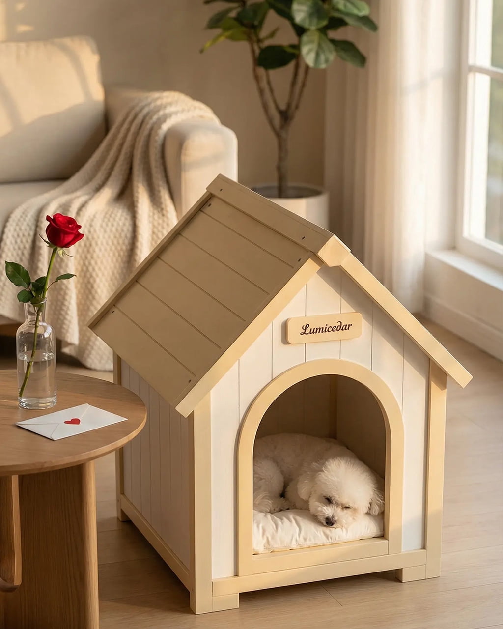Modern Indoor Wooden Dog House Furniture-Grade FSC Solid Cedar Pet House with EVA Cushion A-Frame Nordic Design for Small Dogs & Cats