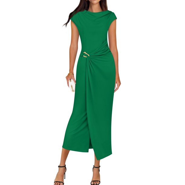 Vestido de verano ZESICA 2025 para mujer, cuello alto, ajustado, verde