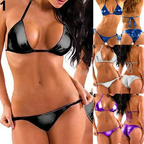 Travelwant Women's Women's Metallic Halter Top Two Piece Swimsuit Tie Side Triangle Bikini Women's Liquid Metallic Rainbow Bikini Sets Shiny String Padded Triangle 2 Pieces Swimsuit