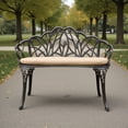 thumbnail image 2 of Tcbosik 33 Inch Outdoor Garden Bench with Cushion, Cast Aluminium Patio Bench with Tulip Pattern Backrest for Porch, Lawn, Garden, Backyard, Easy Assembly, Black, 2 of 7