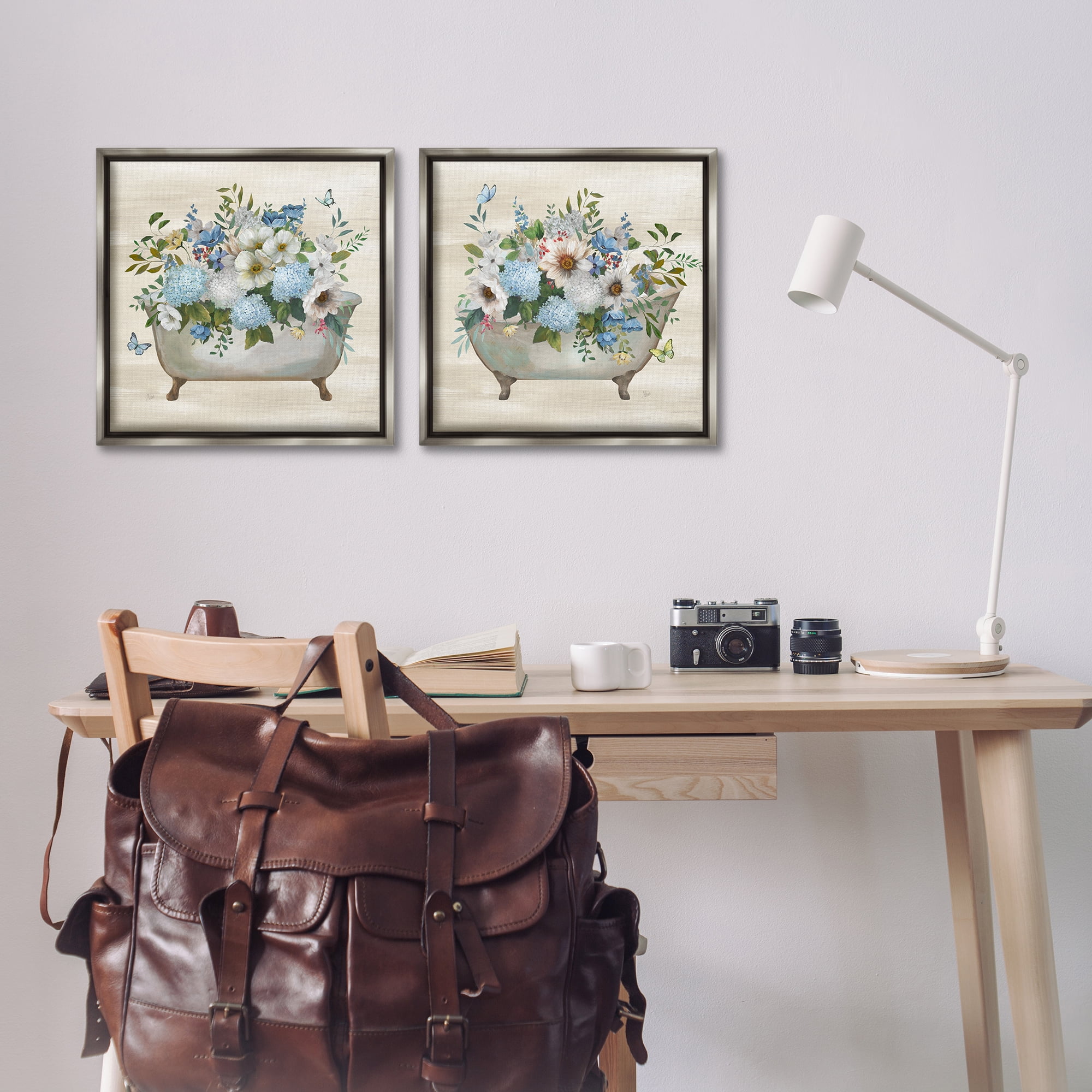 Stupell Industries Butterfly Hydrangea Bathtub Bath & Laundry Painting Gray Floater Framed Canvas Art Print Wall Art, 18 x 18, Set of 2