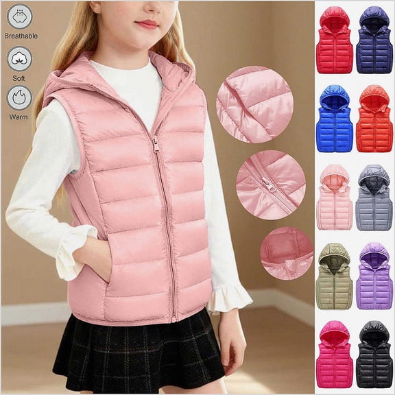 DJDLJWCJ Puffer Vest Girls Full Zipper Lightweight Warm Winter Jacket Solid Color Sleeveless Jacket Pink Size 5T