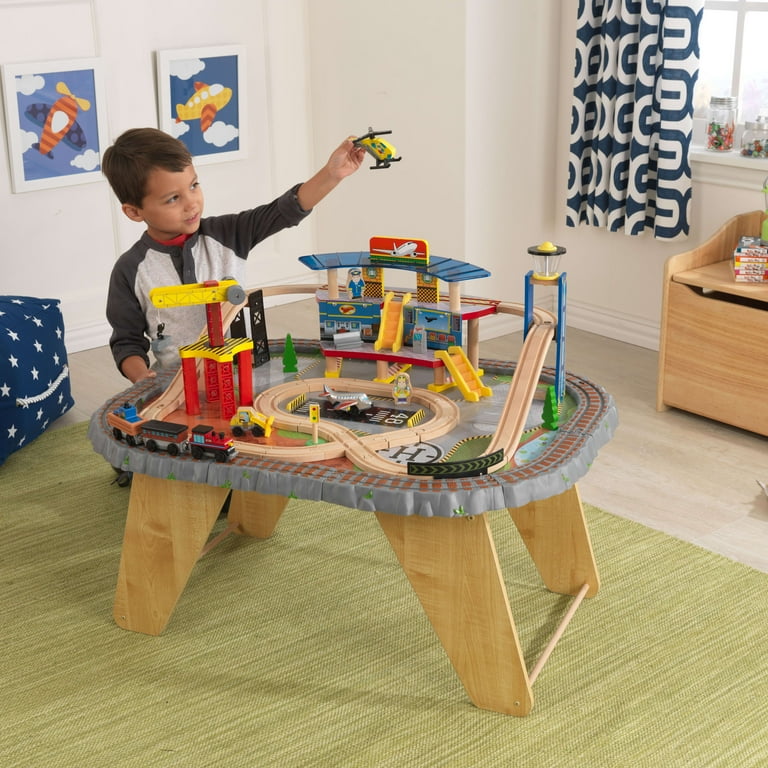 KidKraft Transportation Station Wood Train Set Table with Airport Helicopter 58 Pieces Walmart