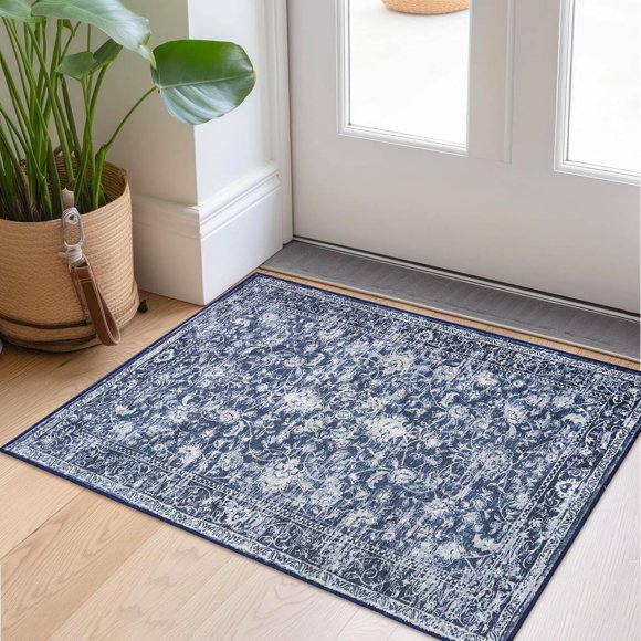 Moroccan Small Area Rug 2x3 Entryway Rugs Printed Vintage Floral Washable Rug Non-Slip Kitchen Rug Indoor Door Mat, Accent Throw Small Rugs for Laundry Room Bedroom Entrance, Blue Blue/Navy/White 2' x