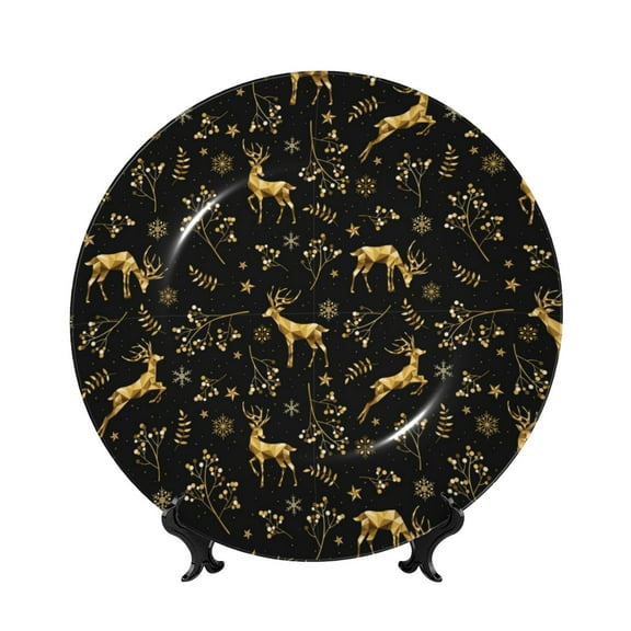 Easygdp Christmas Gold Deers1 Bone China Decorative Plate Ceramic Dinner Plates Art Crafts with Display Stand-6in