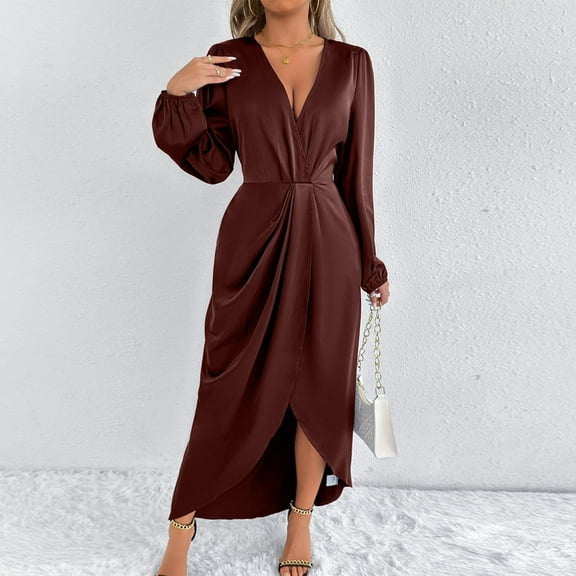 Antqov Dresses for Women, Solid Color V Neck Long Sleeve Tapered Waist Satin Maxi Cocktail Dresses, Party Trendy Soft Cozy Wedding Guest Dress