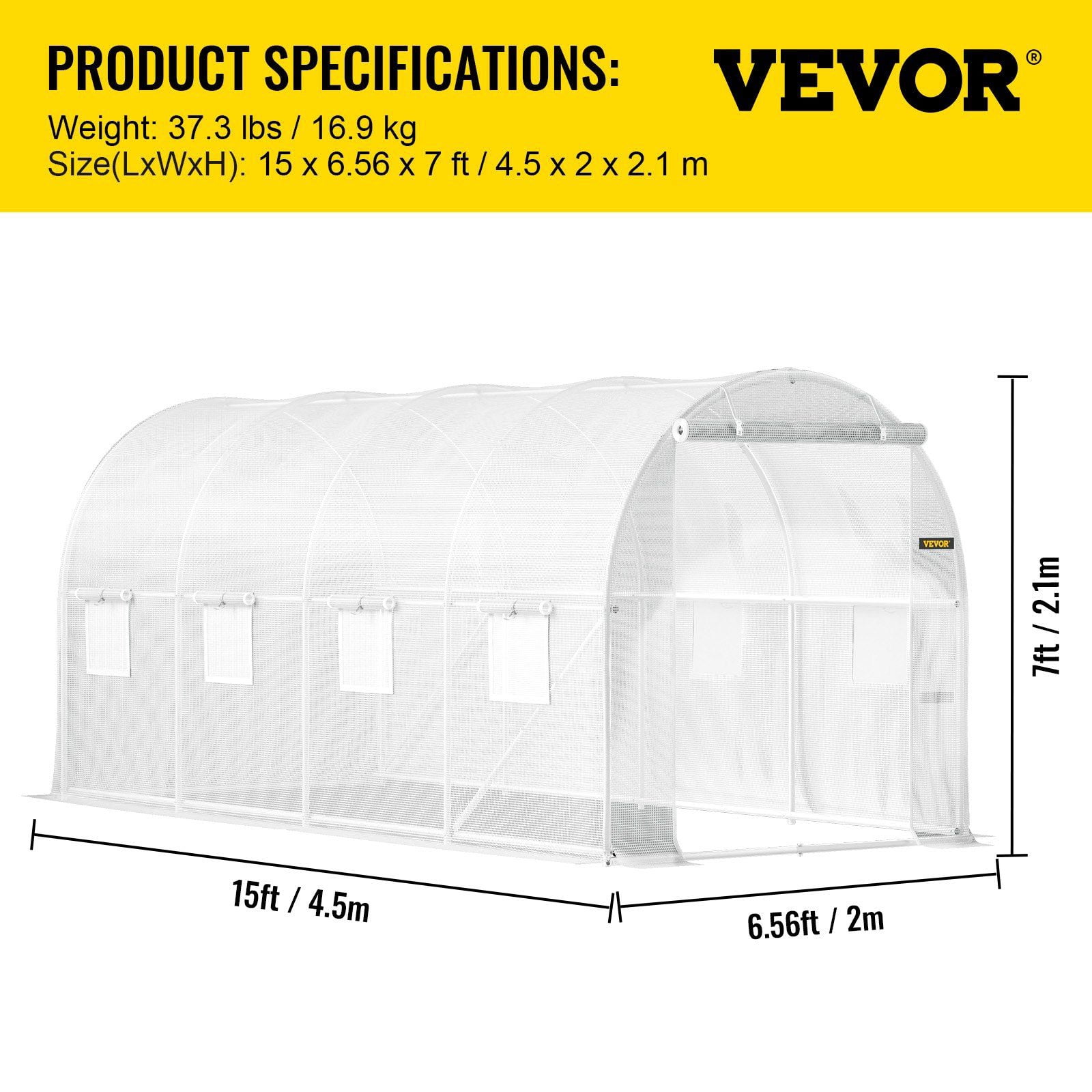 15'x6.5' Walk-In Greenhouse - Galvanized Steel Frame w/8 Roll-Up Windows - PE Cover for Year-Round Plant Protection - Includes Stakes & Ropes