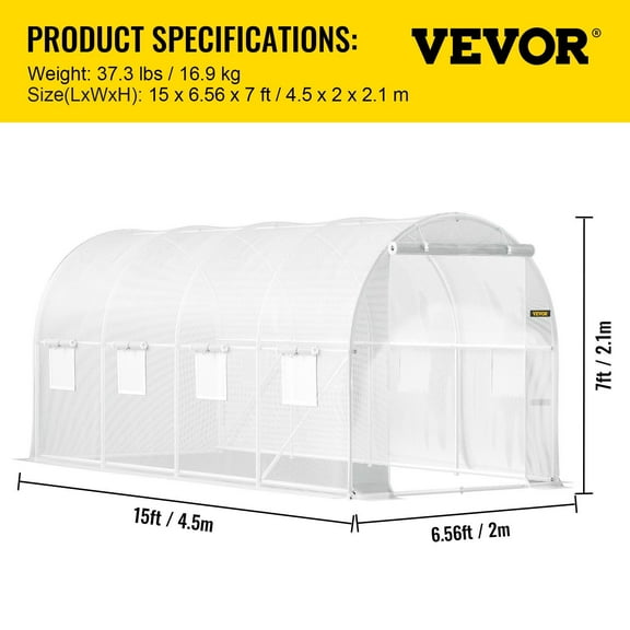 15x6.5x7 ft Plant Hot House, Walk-in Tunnel Greenhouse with Galvanized Steel Hoops, Top Beam & Roll-up Windows, White