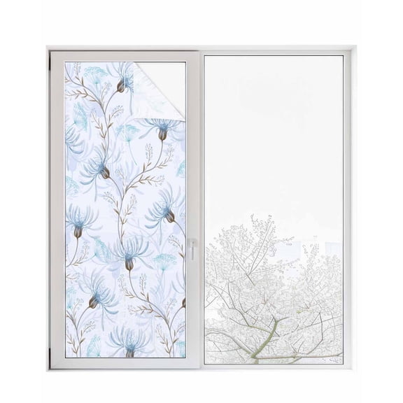 Window Privacy Film Blue Flowers Stained Glass Window Film Decorative Sun Block Window Cover Watercolor Botanical Floral Vines Plants Window Clings Static Adhesive Sticker for Bathroom 23.6"x59"