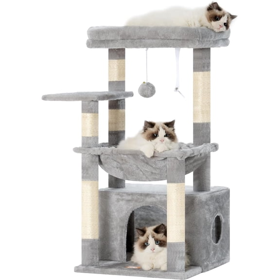 Cat Tree, Kitten Tower with Large Soft Cat Basket, Cat Condo with Spacious Cat Bed Cave with Hidden Space, Sisal-Covered Scratching Posts, Dangling Ball for Indoor Cats